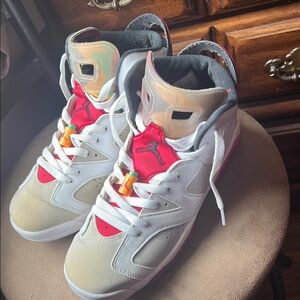 Jordan White and Red High-Top Athletic Shoes